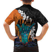 Hawaiian Halloween Family Matching Summer Maxi Dress and Hawaiian Shirt Horror Shaka Hand with Plumeria and Polynesian Tattoo Autumn Color LT03 - Polynesian Pride