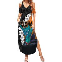 Hawaiian Halloween Family Matching Summer Maxi Dress and Hawaiian Shirt Horror Shaka Hand with Plumeria and Polynesian Tattoo Autumn Color LT03 Mom's Dress Orange - Polynesian Pride