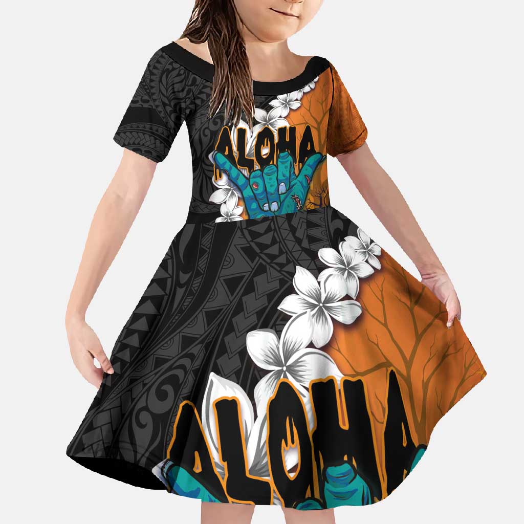 Hawaiian Halloween Family Matching Tank Maxi Dress and Hawaiian Shirt Horror Shaka Hand with Plumeria and Polynesian Tattoo Autumn Color LT03 Daughter's Dress Orange - Polynesian Pride