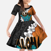 Hawaiian Halloween Kid Short Sleeve Dress Horror Shaka Hand with Plumeria and Polynesian Tattoo Autumn Color LT03 KID Orange - Polynesian Pride