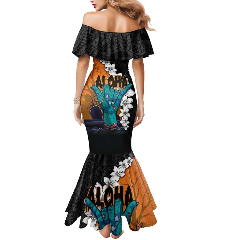 Hawaiian Halloween Mermaid Dress Horror Shaka Hand with Plumeria and Polynesian Tattoo Autumn Color LT03 - Polynesian Pride