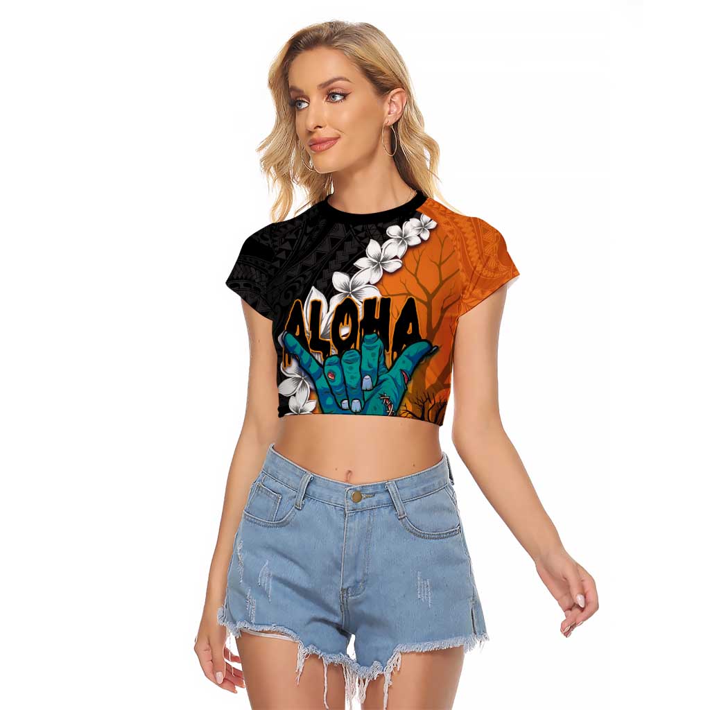 Hawaiian Halloween Raglan Cropped T Shirt Horror Shaka Hand with Plumeria and Polynesian Tattoo Autumn Color