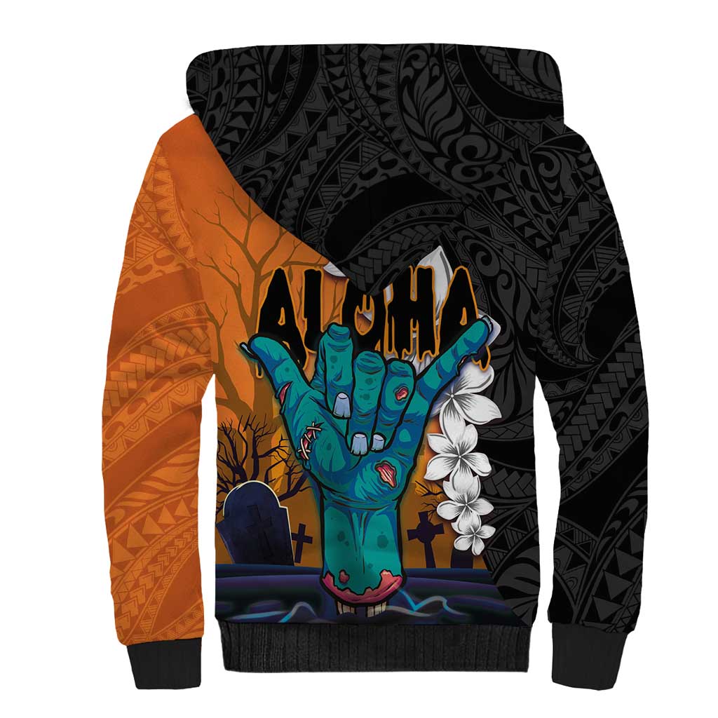 Hawaiian Halloween Sherpa Hoodie Horror Shaka Hand with Plumeria and Polynesian Tattoo Autumn Color LT03 - Polynesian Pride