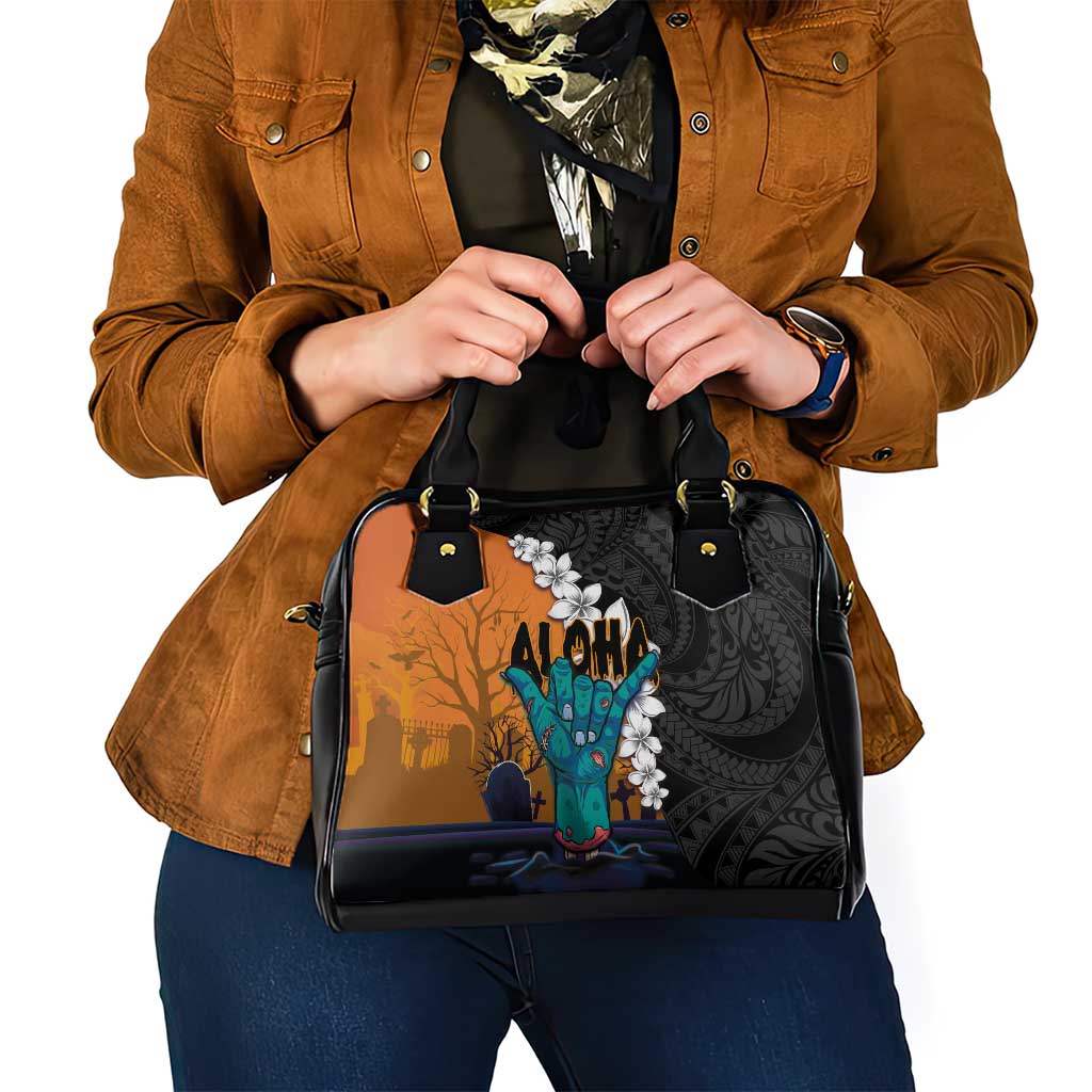 Hawaiian Halloween Shoulder Handbag Horror Shaka Hand with Plumeria and Polynesian Tattoo Autumn Color