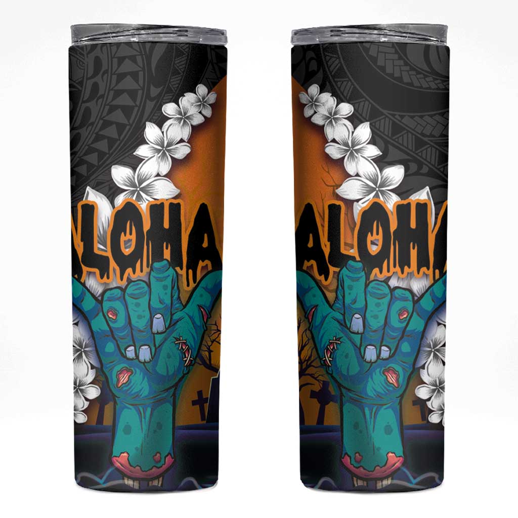 Hawaiian Halloween Skinny Tumbler Horror Shaka Hand with Plumeria and Polynesian Tattoo Autumn Color LT03 Orange - Polynesian Pride