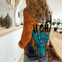 Hawaiian Halloween Women Casual Shirt Horror Shaka Hand with Plumeria and Polynesian Tattoo Autumn Color LT03 - Polynesian Pride