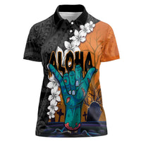 Hawaiian Halloween Women Polo Shirt Horror Shaka Hand with Plumeria and Polynesian Tattoo Autumn Color LT03 Female Orange - Polynesian Pride