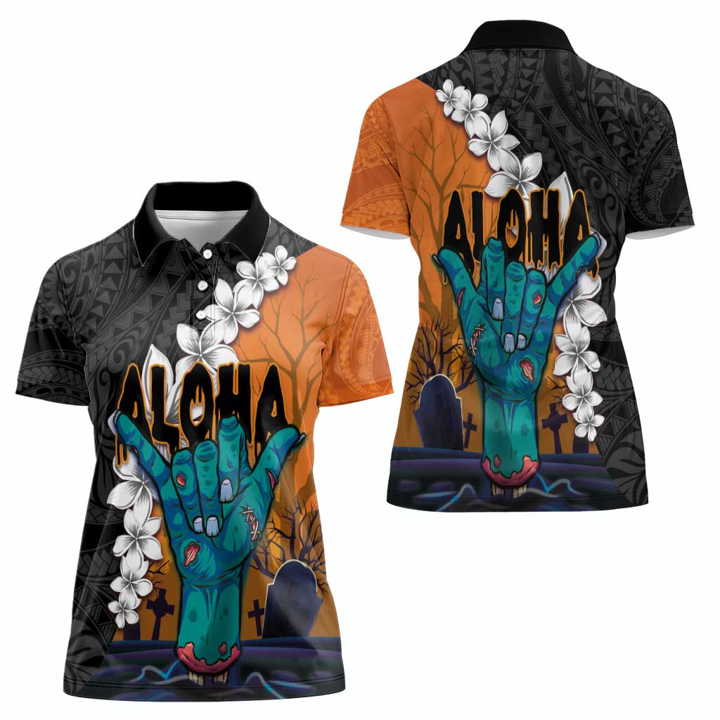 Hawaiian Halloween Women Polo Shirt Horror Shaka Hand with Plumeria and Polynesian Tattoo Autumn Color LT03 - Polynesian Pride