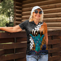 Hawaiian Halloween Women Polo Shirt Horror Shaka Hand with Plumeria and Polynesian Tattoo Autumn Color LT03 - Polynesian Pride