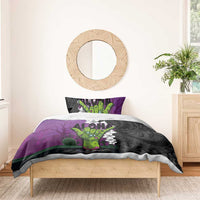 Hawaiian Halloween Bedding Set Horror Shaka Hand with Plumeria and Polynesian Tattoo Midnight Color