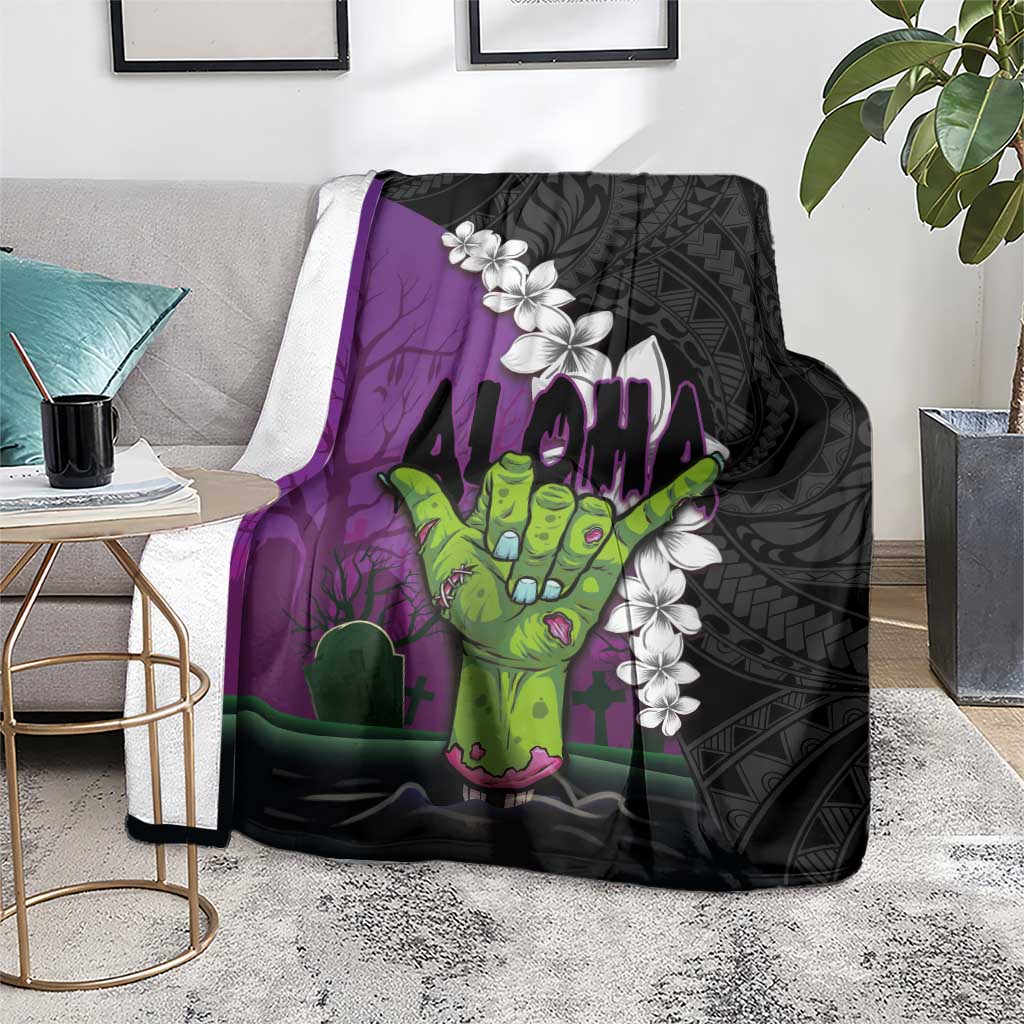 Hawaiian Halloween Blanket Horror Shaka Hand with Plumeria and Polynesian Tattoo Midnight Color