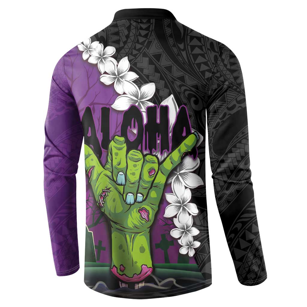 Hawaiian Halloween Button Sweatshirt Horror Shaka Hand with Plumeria and Polynesian Tattoo Midnight Color
