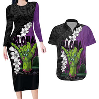 Hawaiian Halloween Couples Matching Long Sleeve Bodycon Dress and Hawaiian Shirt Horror Shaka Hand with Plumeria and Polynesian Tattoo Midnight Color LT03 Purple - Polynesian Pride