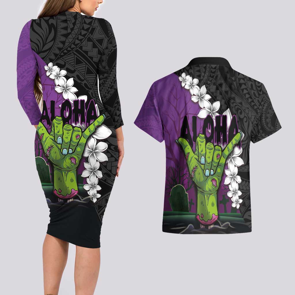 Hawaiian Halloween Couples Matching Long Sleeve Bodycon Dress and Hawaiian Shirt Horror Shaka Hand with Plumeria and Polynesian Tattoo Midnight Color LT03 - Polynesian Pride