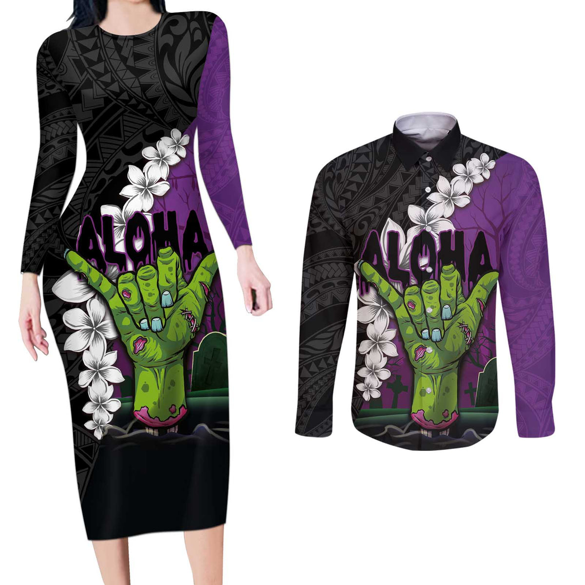 Hawaiian Halloween Couples Matching Long Sleeve Bodycon Dress and Long Sleeve Button Shirt Horror Shaka Hand with Plumeria and Polynesian Tattoo Midnight Color LT03 Purple - Polynesian Pride