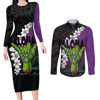 Hawaiian Halloween Couples Matching Long Sleeve Bodycon Dress and Long Sleeve Button Shirt Horror Shaka Hand with Plumeria and Polynesian Tattoo Midnight Color LT03 Purple - Polynesian Pride