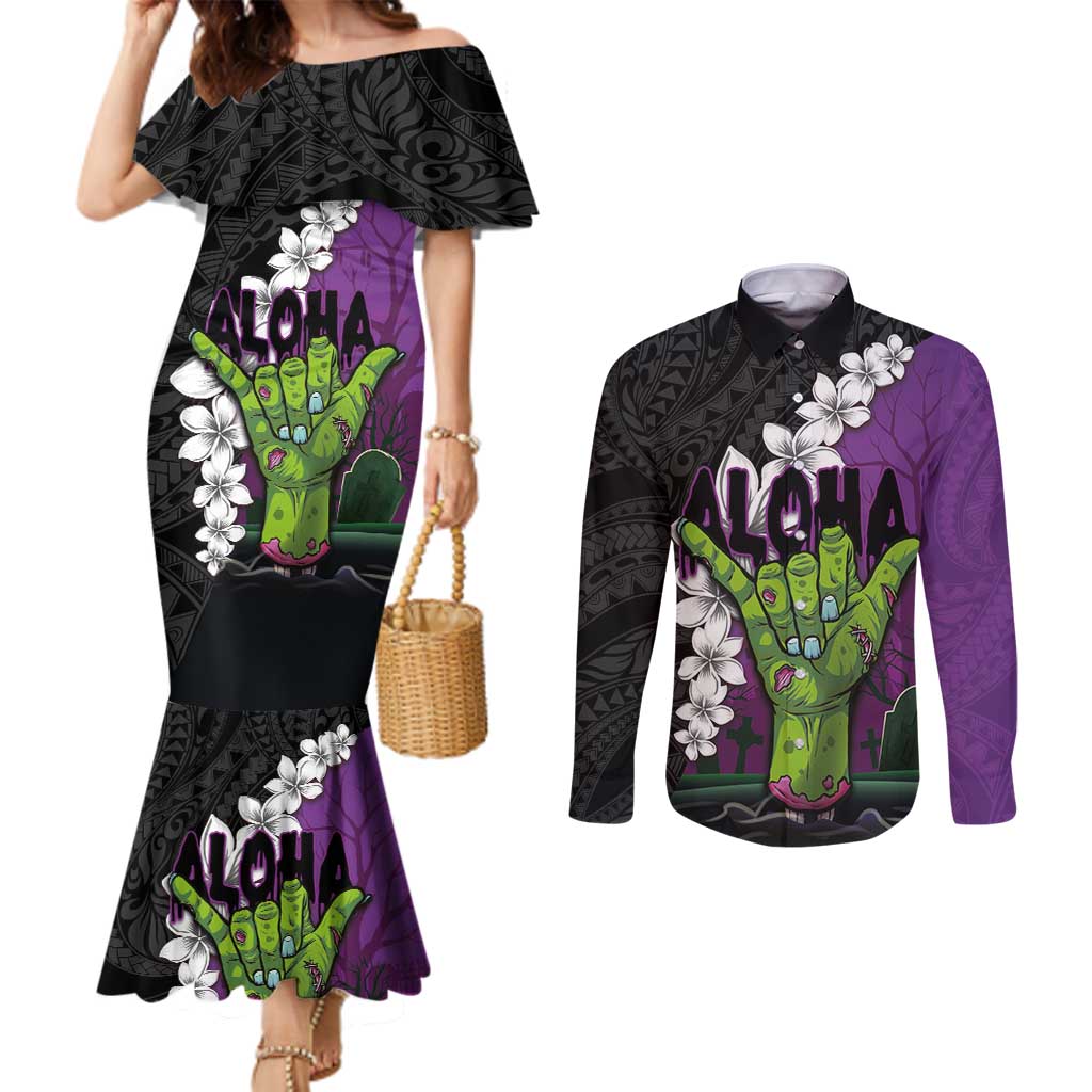 Hawaiian Halloween Couples Matching Mermaid Dress and Long Sleeve Button Shirt Horror Shaka Hand with Plumeria and Polynesian Tattoo Midnight Color LT03 Purple - Polynesian Pride