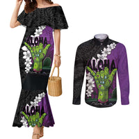 Hawaiian Halloween Couples Matching Mermaid Dress and Long Sleeve Button Shirt Horror Shaka Hand with Plumeria and Polynesian Tattoo Midnight Color LT03 Purple - Polynesian Pride