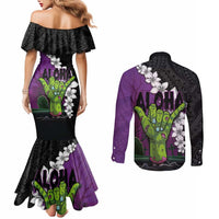 Hawaiian Halloween Couples Matching Mermaid Dress and Long Sleeve Button Shirt Horror Shaka Hand with Plumeria and Polynesian Tattoo Midnight Color LT03 - Polynesian Pride