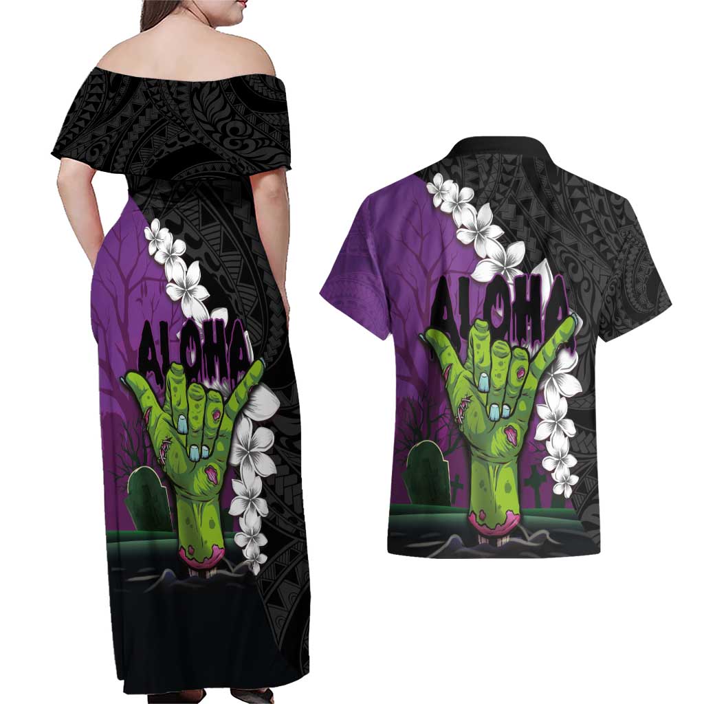 Hawaiian Halloween Couples Matching Off Shoulder Maxi Dress and Hawaiian Shirt Horror Shaka Hand with Plumeria and Polynesian Tattoo Midnight Color LT03 - Polynesian Pride