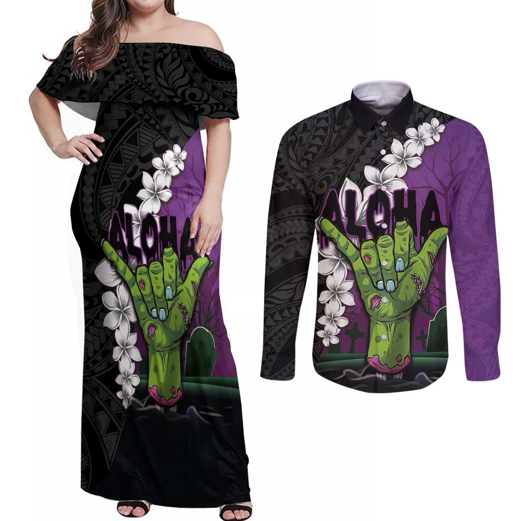 Hawaiian Halloween Couples Matching Off Shoulder Maxi Dress and Long Sleeve Button Shirt Horror Shaka Hand with Plumeria and Polynesian Tattoo Midnight Color LT03 Purple - Polynesian Pride