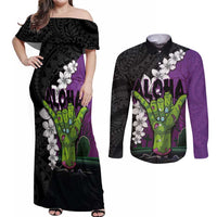 Hawaiian Halloween Couples Matching Off Shoulder Maxi Dress and Long Sleeve Button Shirt Horror Shaka Hand with Plumeria and Polynesian Tattoo Midnight Color LT03 Purple - Polynesian Pride