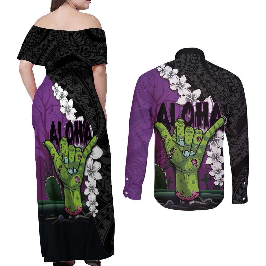 Hawaiian Halloween Couples Matching Off Shoulder Maxi Dress and Long Sleeve Button Shirt Horror Shaka Hand with Plumeria and Polynesian Tattoo Midnight Color LT03 - Polynesian Pride