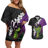 Hawaiian Halloween Couples Matching Off Shoulder Short Dress and Hawaiian Shirt Horror Shaka Hand with Plumeria and Polynesian Tattoo Midnight Color LT03 Purple - Polynesian Pride