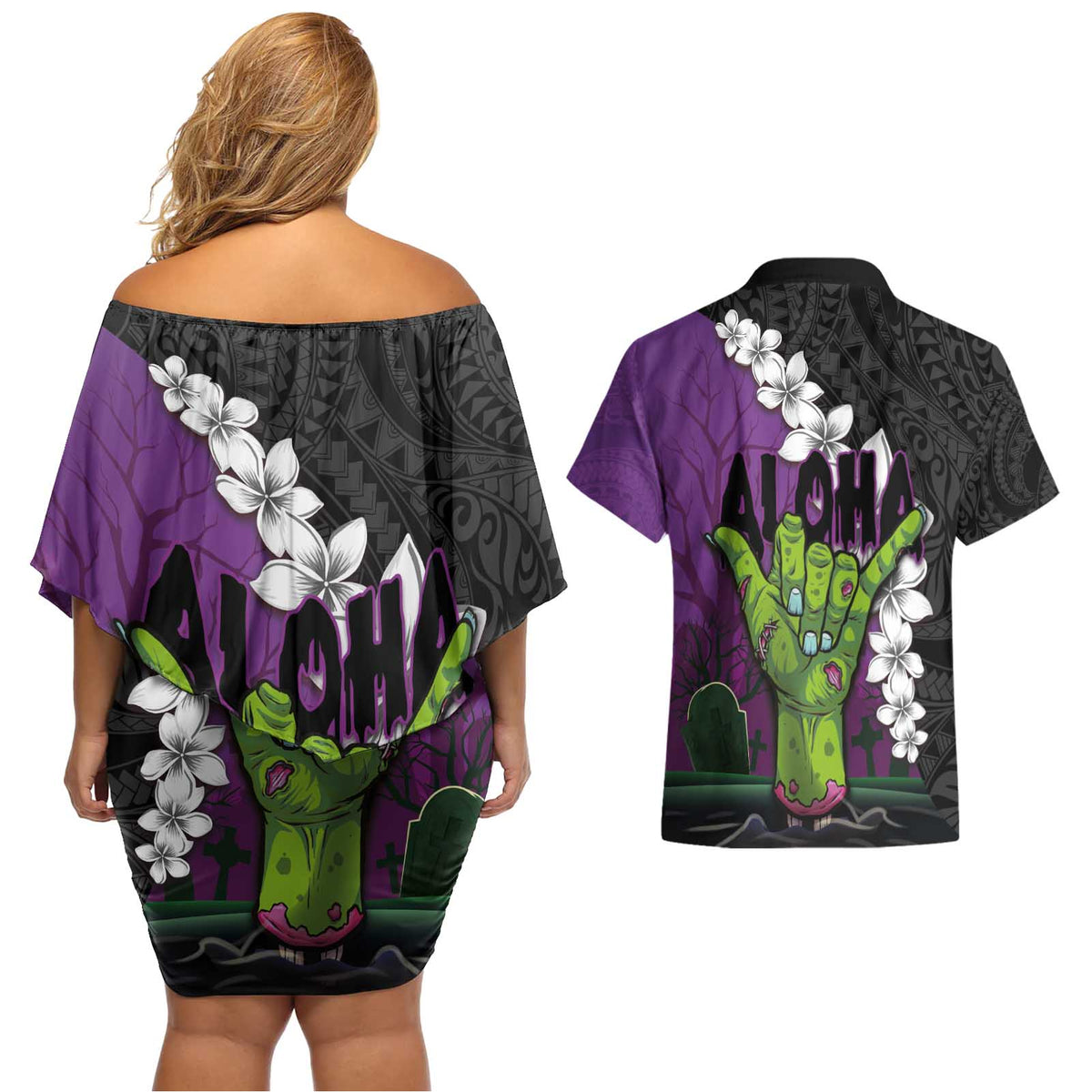 Hawaiian Halloween Couples Matching Off Shoulder Short Dress and Hawaiian Shirt Horror Shaka Hand with Plumeria and Polynesian Tattoo Midnight Color LT03 - Polynesian Pride