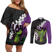 Hawaiian Halloween Couples Matching Off Shoulder Short Dress and Long Sleeve Button Shirt Horror Shaka Hand with Plumeria and Polynesian Tattoo Midnight Color LT03 Purple - Polynesian Pride