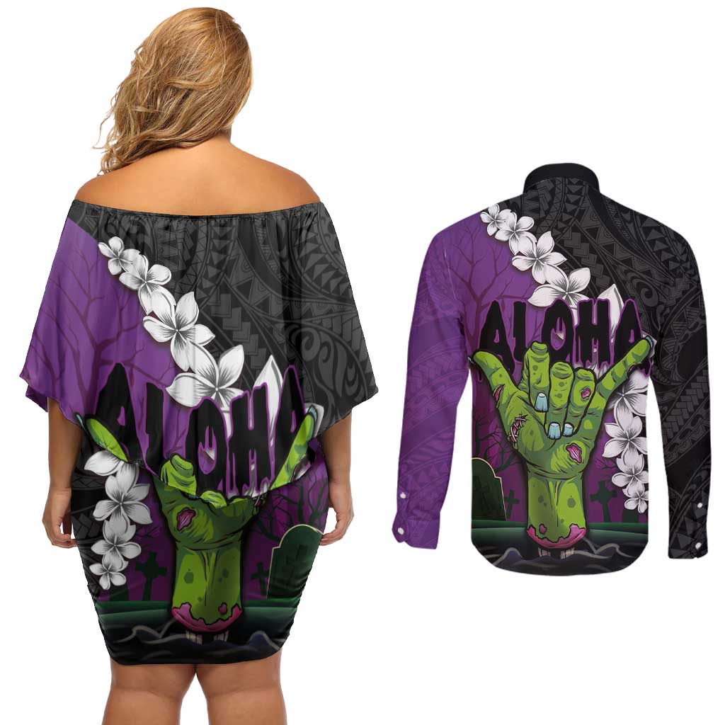 Hawaiian Halloween Couples Matching Off Shoulder Short Dress and Long Sleeve Button Shirt Horror Shaka Hand with Plumeria and Polynesian Tattoo Midnight Color LT03 - Polynesian Pride