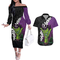 Hawaiian Halloween Couples Matching Off The Shoulder Long Sleeve Dress and Hawaiian Shirt Horror Shaka Hand with Plumeria and Polynesian Tattoo Midnight Color LT03 Purple - Polynesian Pride