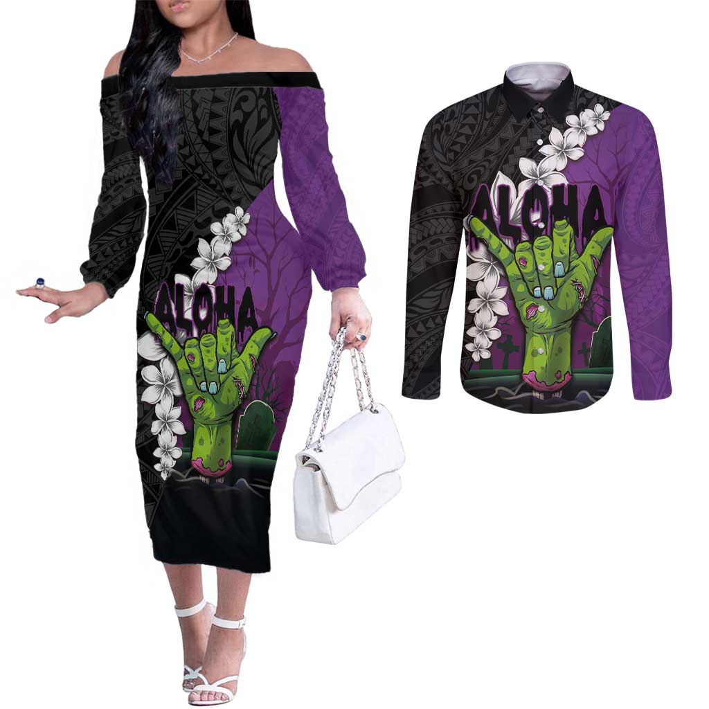 Hawaiian Halloween Couples Matching Off The Shoulder Long Sleeve Dress and Long Sleeve Button Shirt Horror Shaka Hand with Plumeria and Polynesian Tattoo Midnight Color LT03 Purple - Polynesian Pride