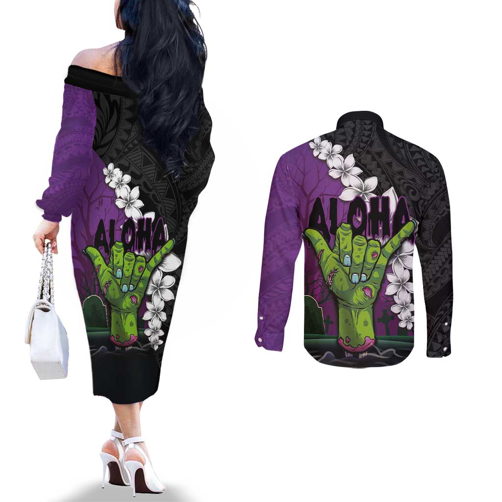 Hawaiian Halloween Couples Matching Off The Shoulder Long Sleeve Dress and Long Sleeve Button Shirt Horror Shaka Hand with Plumeria and Polynesian Tattoo Midnight Color LT03 - Polynesian Pride