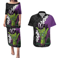 Hawaiian Halloween Couples Matching Puletasi and Hawaiian Shirt Horror Shaka Hand with Plumeria and Polynesian Tattoo Midnight Color LT03 Purple - Polynesian Pride