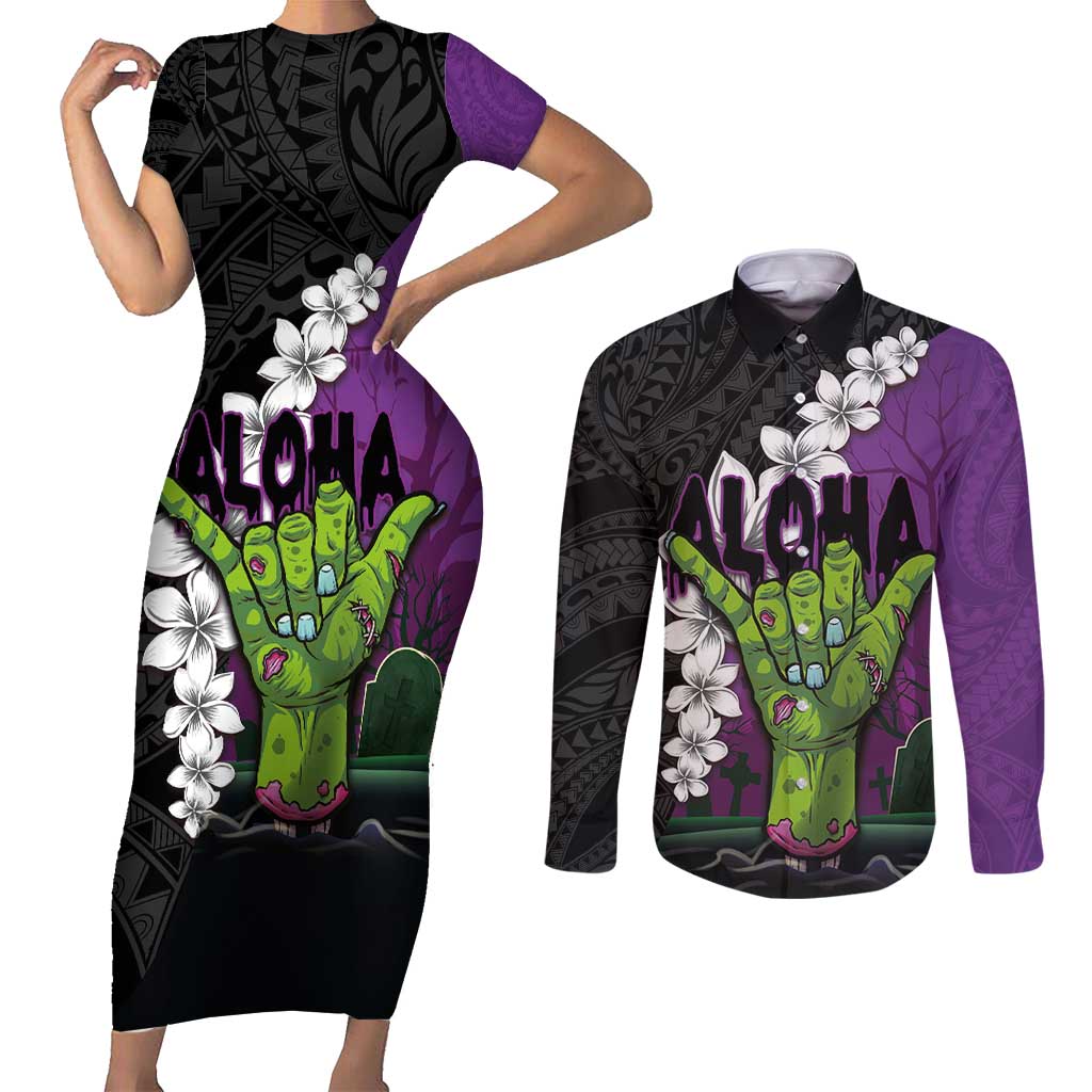Hawaiian Halloween Couples Matching Short Sleeve Bodycon Dress and Long Sleeve Button Shirt Horror Shaka Hand with Plumeria and Polynesian Tattoo Midnight Color LT03 Purple - Polynesian Pride
