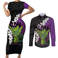 Hawaiian Halloween Couples Matching Short Sleeve Bodycon Dress and Long Sleeve Button Shirt Horror Shaka Hand with Plumeria and Polynesian Tattoo Midnight Color LT03 Purple - Polynesian Pride