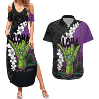 Hawaiian Halloween Couples Matching Summer Maxi Dress and Hawaiian Shirt Horror Shaka Hand with Plumeria and Polynesian Tattoo Midnight Color LT03 Purple - Polynesian Pride