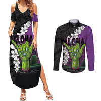Hawaiian Halloween Couples Matching Summer Maxi Dress and Long Sleeve Button Shirt Horror Shaka Hand with Plumeria and Polynesian Tattoo Midnight Color LT03 Purple - Polynesian Pride