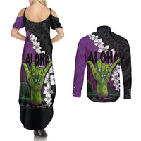 Hawaiian Halloween Couples Matching Summer Maxi Dress and Long Sleeve Button Shirt Horror Shaka Hand with Plumeria and Polynesian Tattoo Midnight Color LT03 - Polynesian Pride