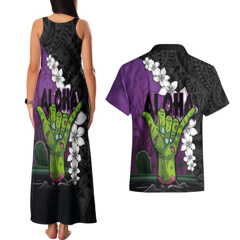 Hawaiian Halloween Couples Matching Tank Maxi Dress and Hawaiian Shirt Horror Shaka Hand with Plumeria and Polynesian Tattoo Midnight Color LT03 - Polynesian Pride