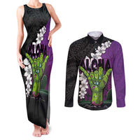 Hawaiian Halloween Couples Matching Tank Maxi Dress and Long Sleeve Button Shirt Horror Shaka Hand with Plumeria and Polynesian Tattoo Midnight Color LT03 Purple - Polynesian Pride