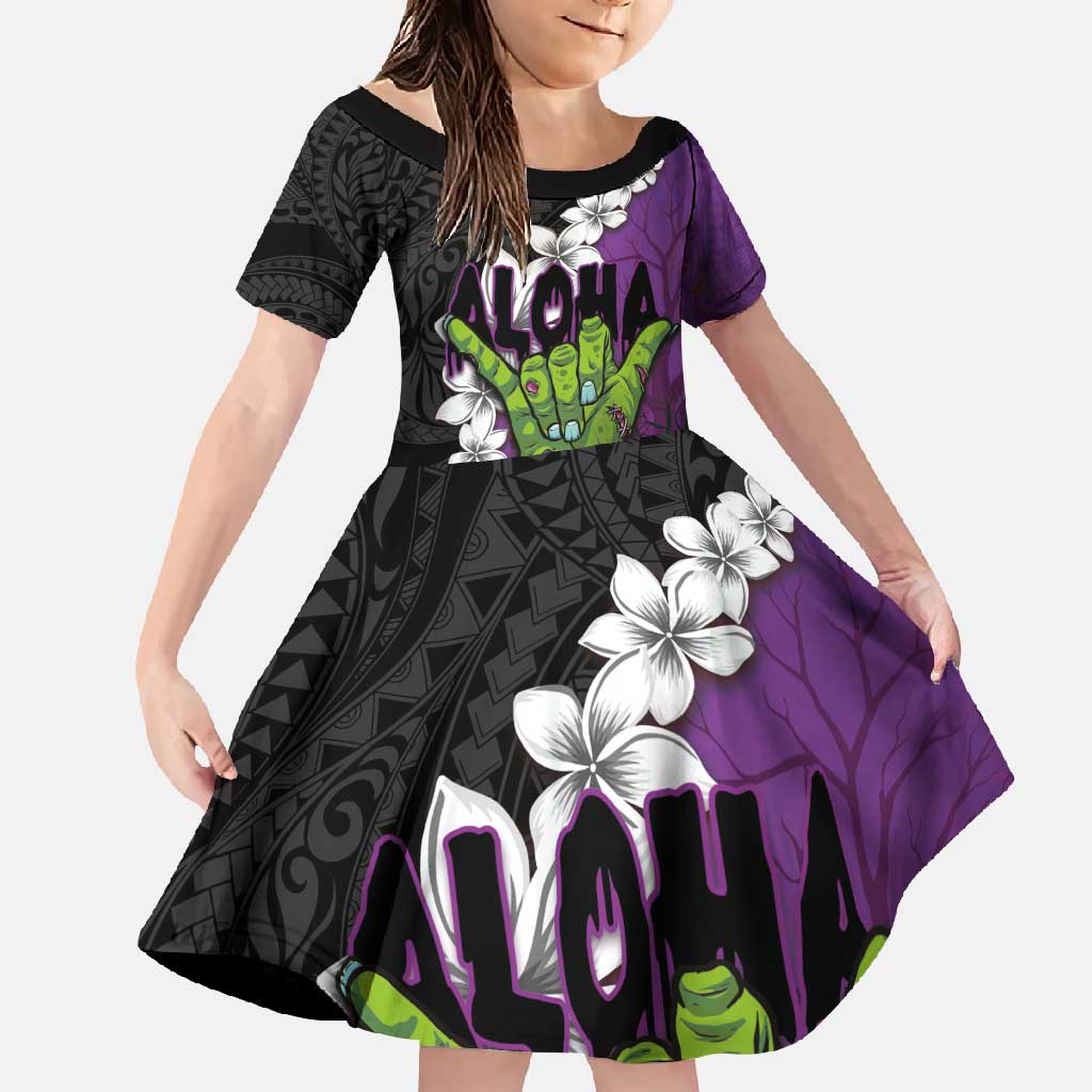 Hawaiian Halloween Family Matching Long Sleeve Bodycon Dress and Hawaiian Shirt Horror Shaka Hand with Plumeria and Polynesian Tattoo Midnight Color LT03 Daughter's Dress Purple - Polynesian Pride