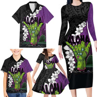 Hawaiian Halloween Family Matching Long Sleeve Bodycon Dress and Hawaiian Shirt Horror Shaka Hand with Plumeria and Polynesian Tattoo Midnight Color LT03 - Polynesian Pride