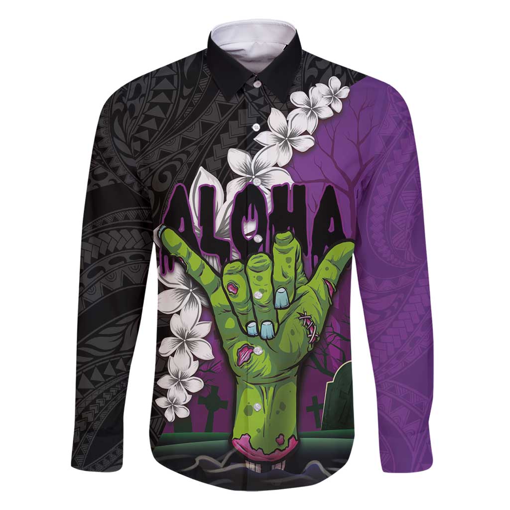 Hawaiian Halloween Family Matching Long Sleeve Bodycon Dress and Hawaiian Shirt Horror Shaka Hand with Plumeria and Polynesian Tattoo Midnight Color LT03 Dad's Shirt - Long Sleeve Purple - Polynesian Pride