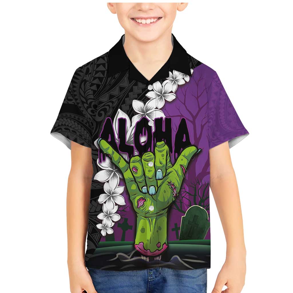 Hawaiian Halloween Family Matching Mermaid Dress and Hawaiian Shirt Horror Shaka Hand with Plumeria and Polynesian Tattoo Midnight Color LT03 Son's Shirt Purple - Polynesian Pride