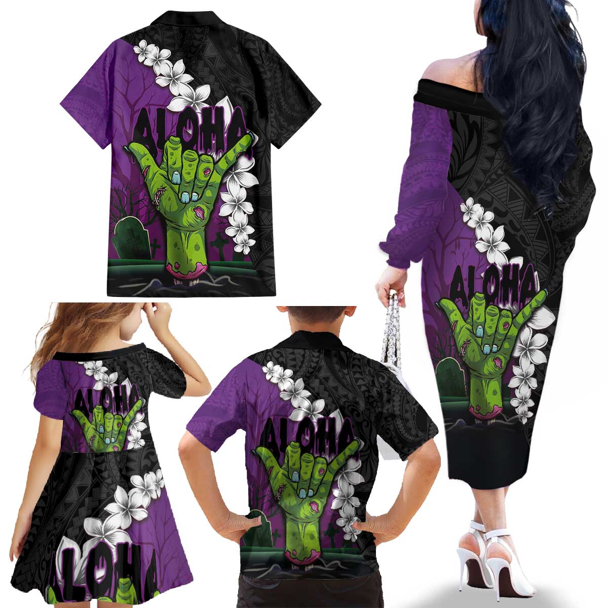 Hawaiian Halloween Family Matching Off The Shoulder Long Sleeve Dress and Hawaiian Shirt Horror Shaka Hand with Plumeria and Polynesian Tattoo Midnight Color LT03 - Polynesian Pride
