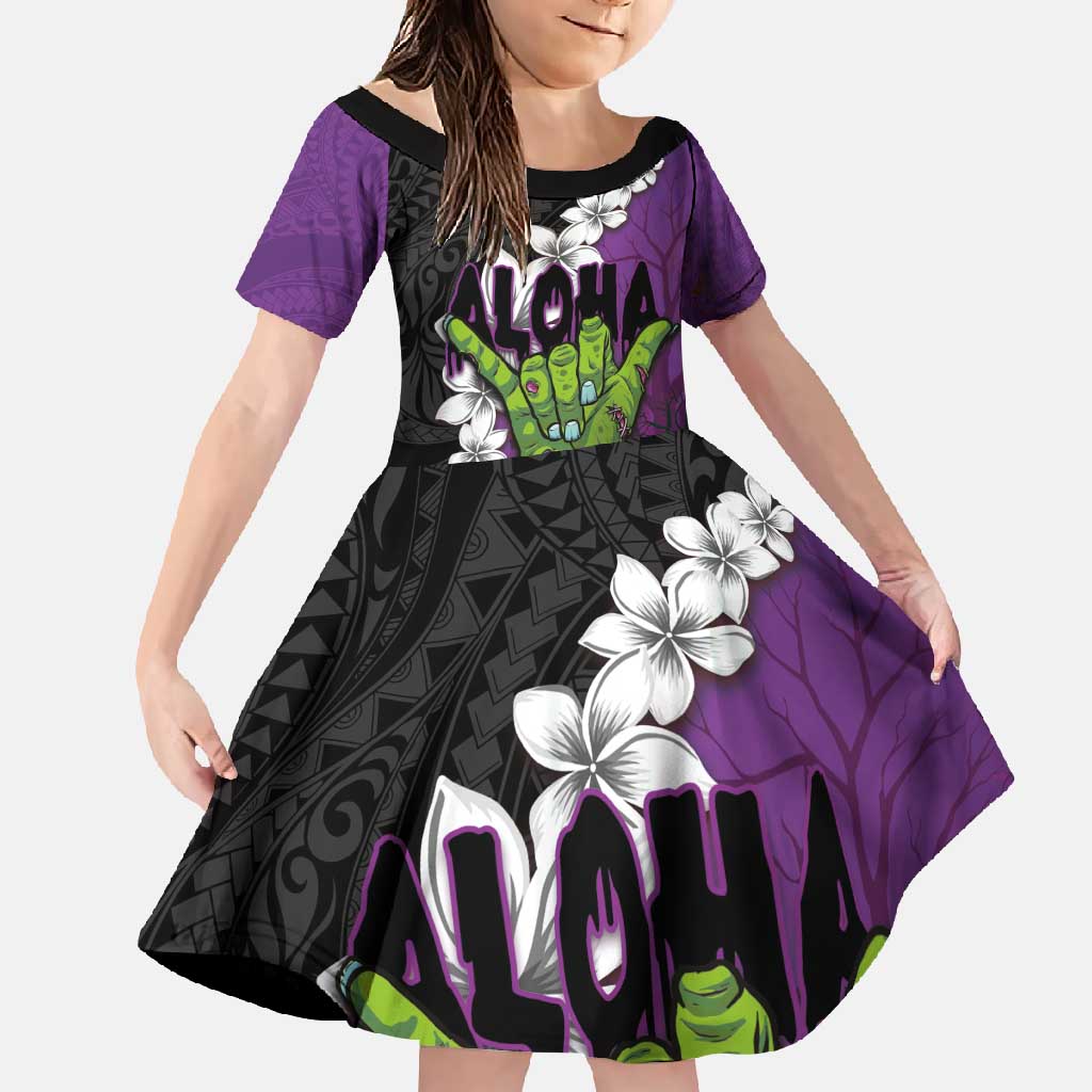 Hawaiian Halloween Family Matching Off Shoulder Maxi Dress and Hawaiian Shirt Horror Shaka Hand with Plumeria and Polynesian Tattoo Midnight Color LT03 Daughter's Dress Purple - Polynesian Pride