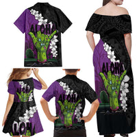 Hawaiian Halloween Family Matching Off Shoulder Maxi Dress and Hawaiian Shirt Horror Shaka Hand with Plumeria and Polynesian Tattoo Midnight Color LT03 - Polynesian Pride