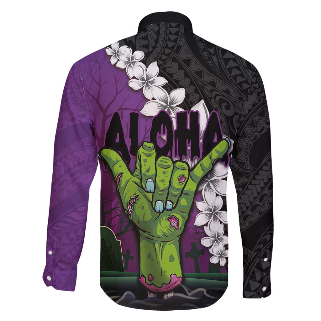 Hawaiian Halloween Family Matching Off Shoulder Maxi Dress and Hawaiian Shirt Horror Shaka Hand with Plumeria and Polynesian Tattoo Midnight Color LT03 - Polynesian Pride